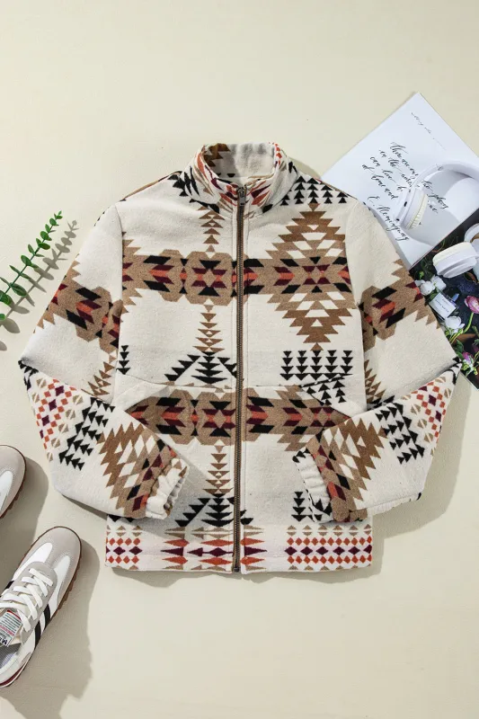 Beige Aztec Printed Stand Neck Zip Up Jacket sold by Beagle Boutique