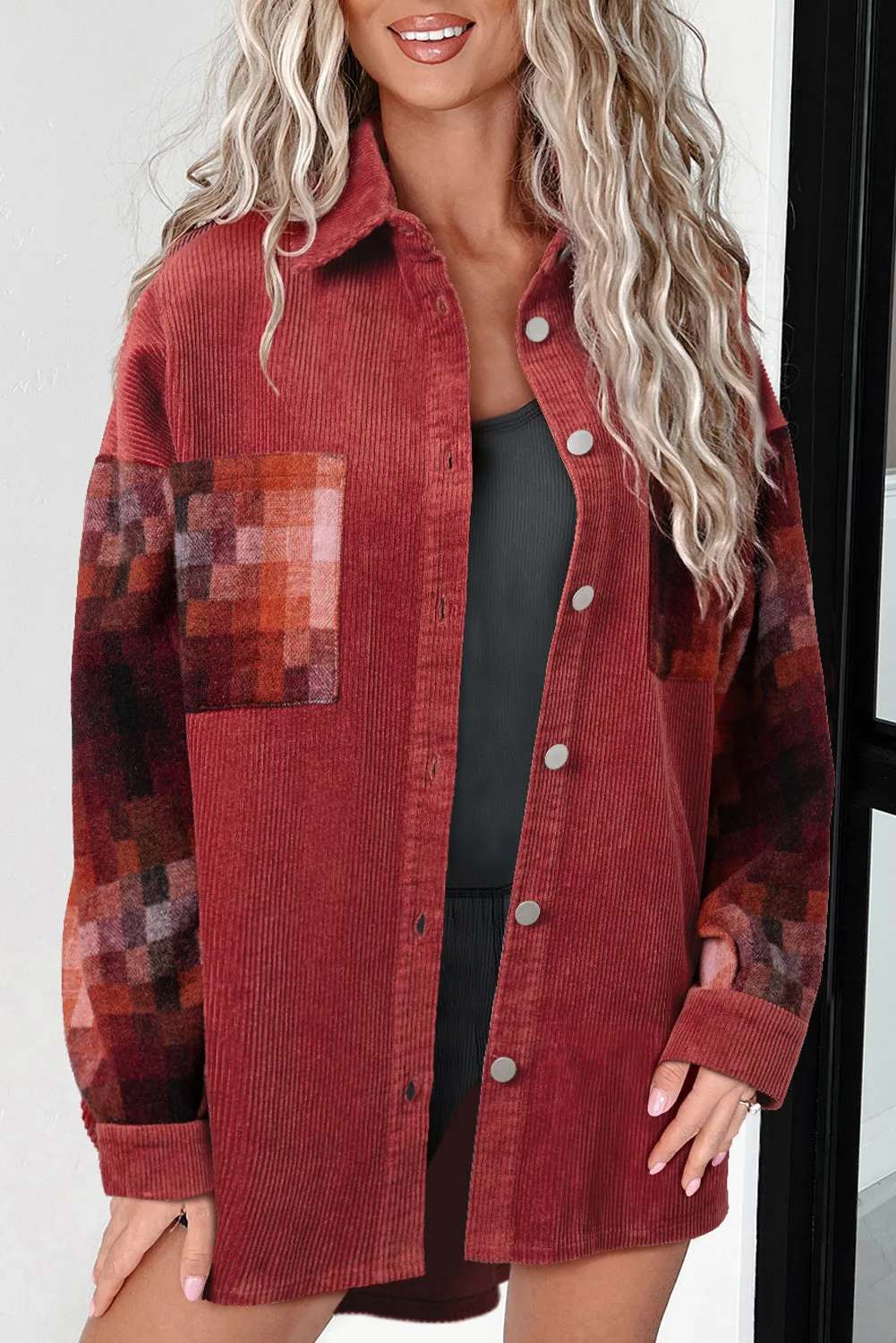 Gold Flame Checker Patchwork Raw Edge Oversized Corduroy Jacket sold by Beagle Boutique