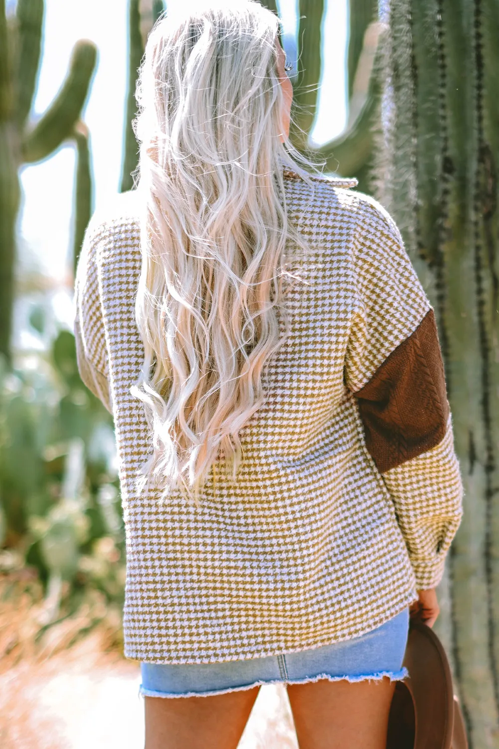 Khaki Houndstooth Colour Contrast Textured Patchwork Loose Shacket sold by Beagle Boutique product image thumbnail 2