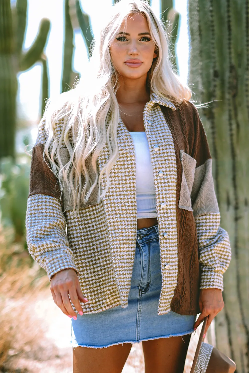 Khaki Houndstooth Colour Contrast Textured Patchwork Loose Shacket sold by Beagle Boutique product image thumbnail 5