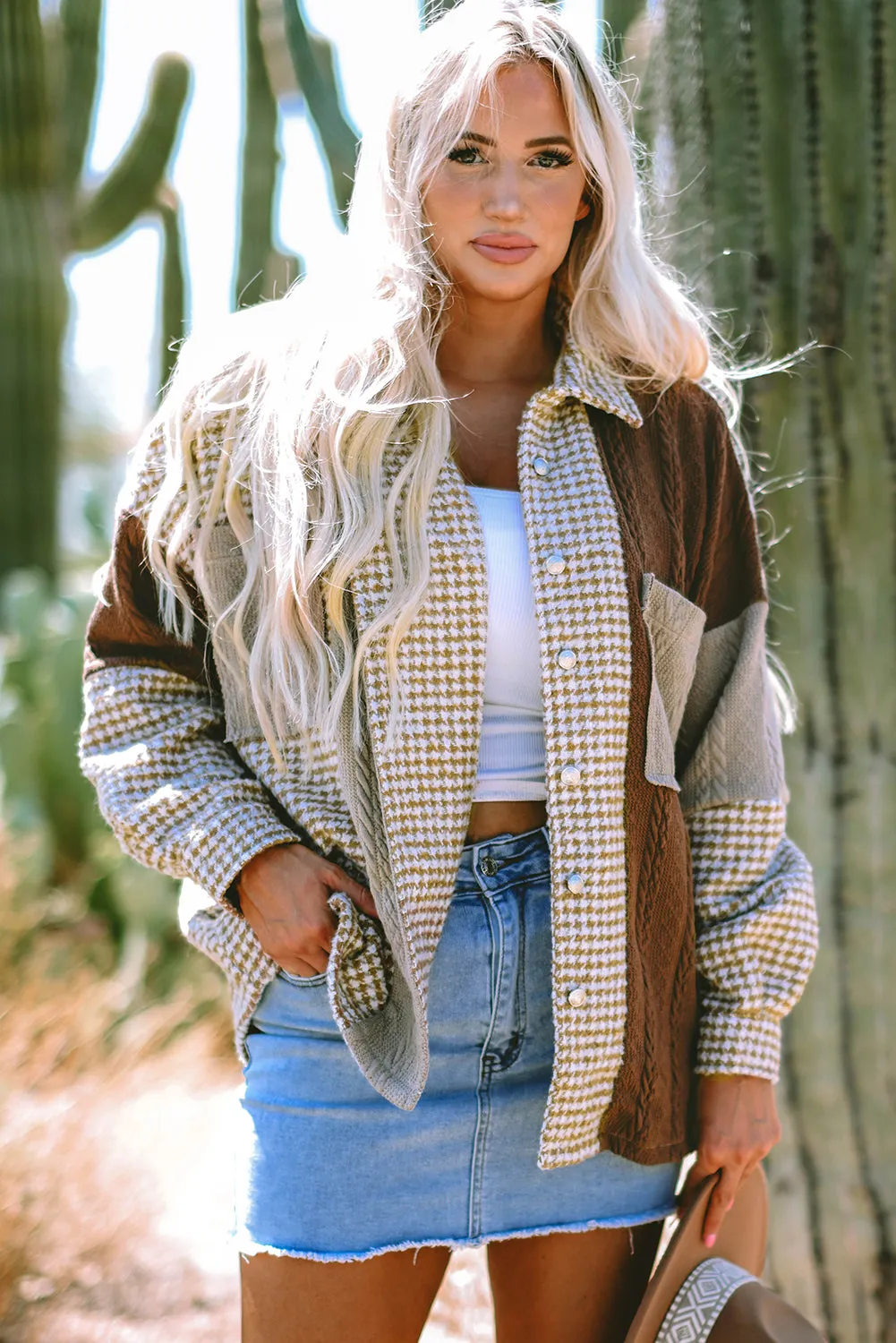 Khaki Houndstooth Colour Contrast Textured Patchwork Loose Shacket sold by Beagle Boutique product image thumbnail 3