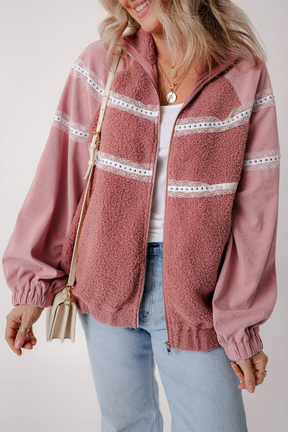 Rose Pink Sherpa Patchwork Lace Elastic Cuff Zip Up Jacket sold by Beagle Boutique product image thumbnail 3