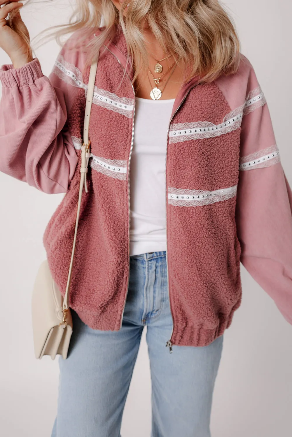 Rose Pink Sherpa Patchwork Lace Elastic Cuff Zip Up Jacket sold by Beagle Boutique product image thumbnail 4