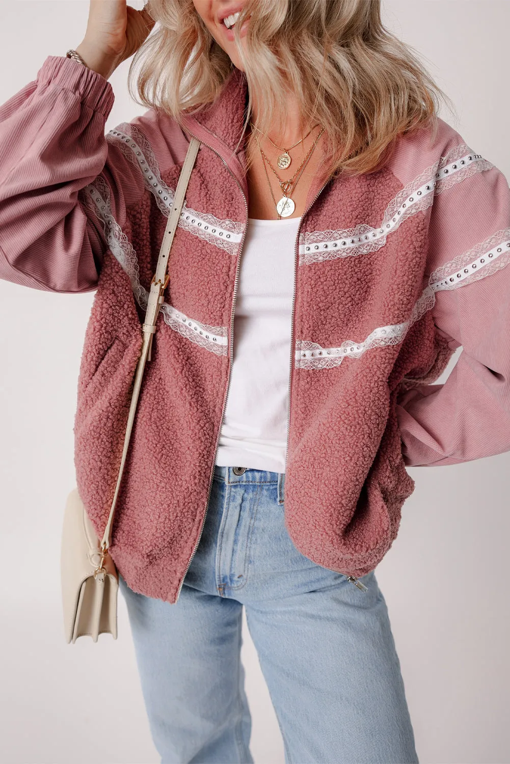 Rose Pink Sherpa Patchwork Lace Elastic Cuff Zip Up Jacket sold by Beagle Boutique