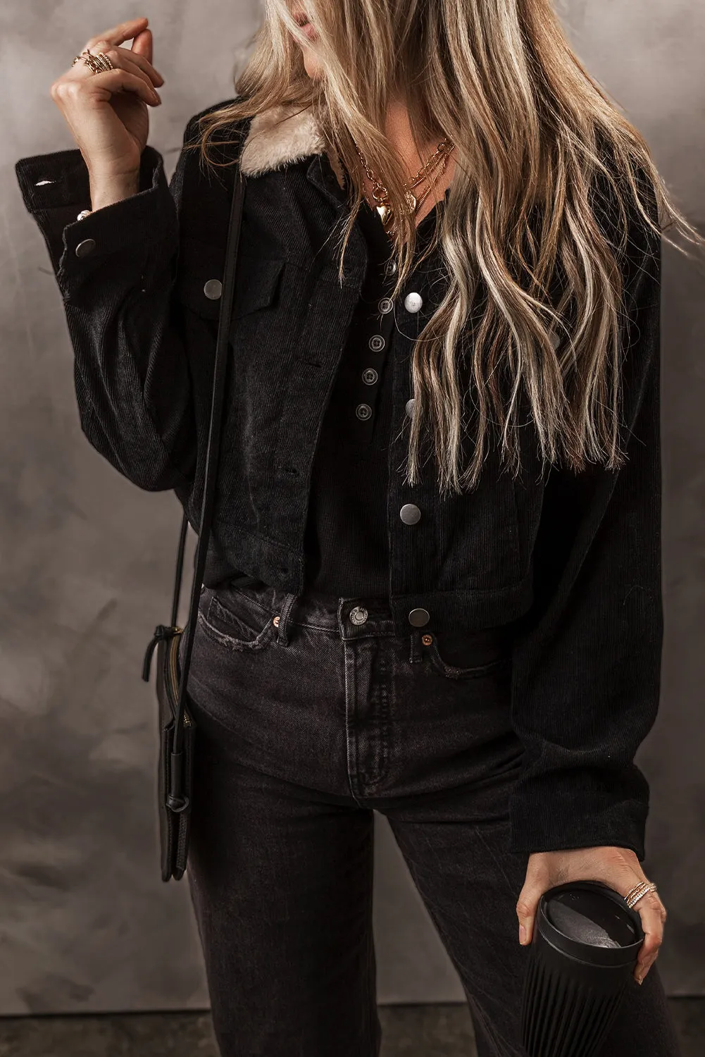 Black Fleece Lined Button-up Collared Corduroy Crop Jacket sold by Beagle Boutique product image thumbnail 5