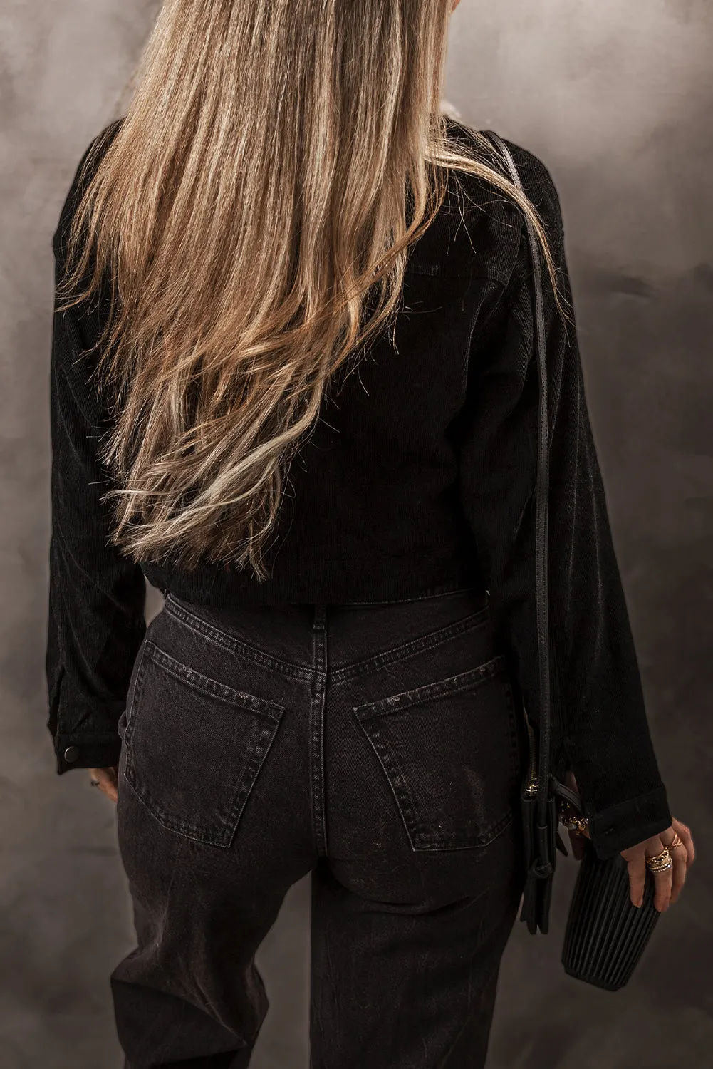 Black Fleece Lined Button-up Collared Corduroy Crop Jacket sold by Beagle Boutique product image thumbnail 2