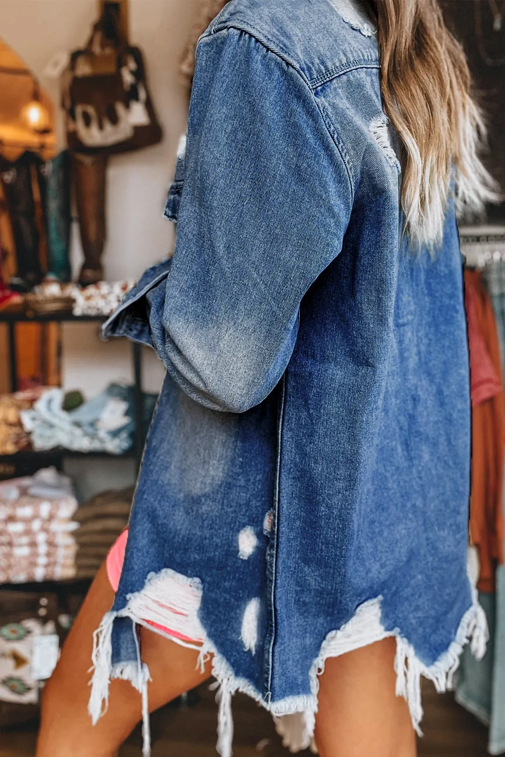Sky Blue Light Wash Distressed Frayed Long Denim Jacket sold by Beagle Boutique product image thumbnail 3