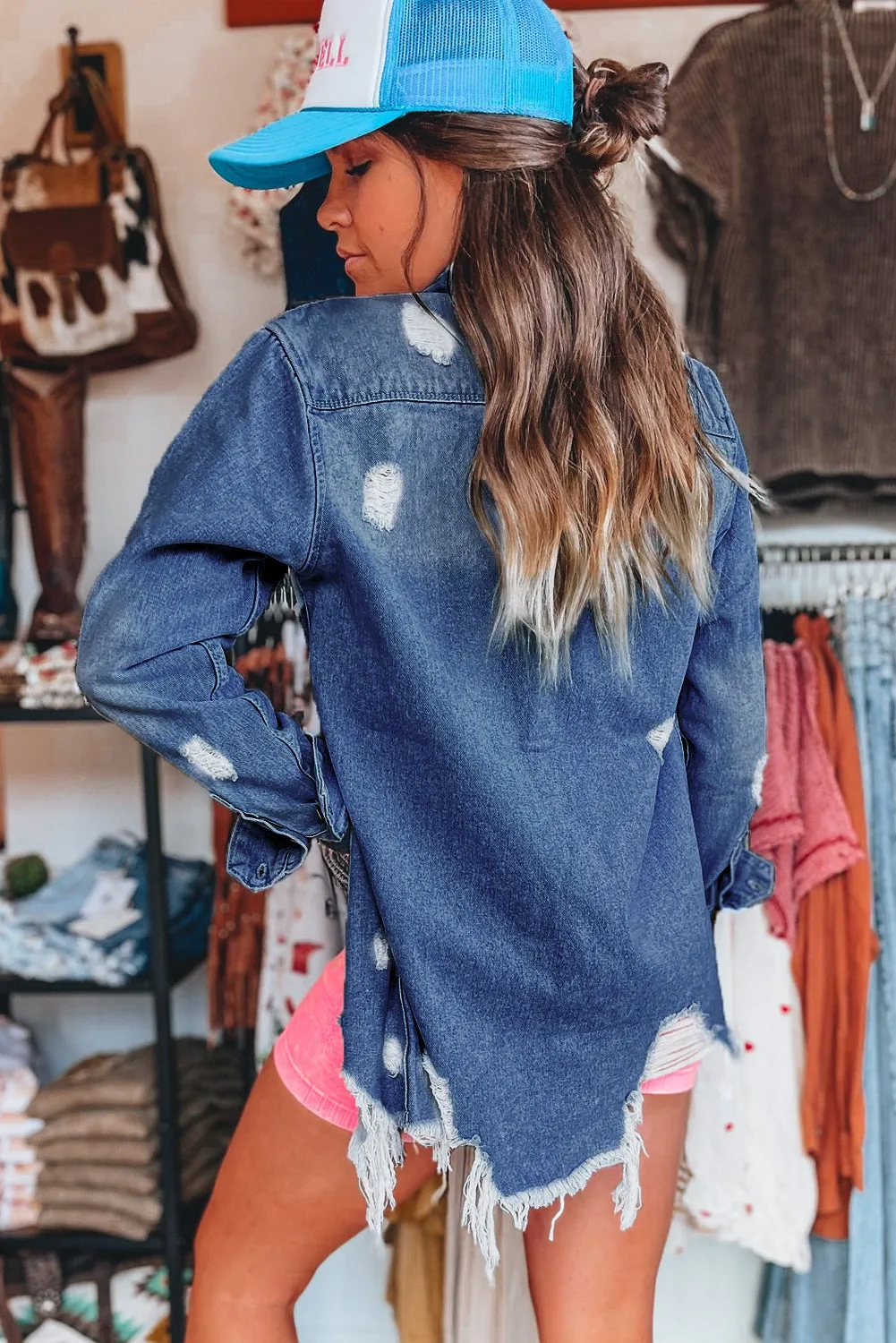 Sky Blue Light Wash Distressed Frayed Long Denim Jacket sold by Beagle Boutique product image thumbnail 2