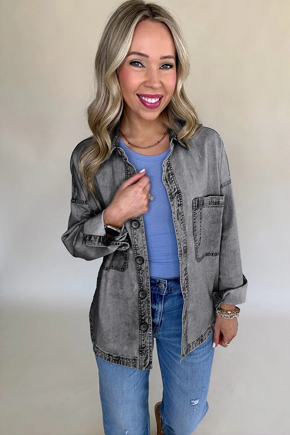 Medium Grey Mineral Wash Patched Pocket Split Denim Jacket sold by Beagle Boutique product image thumbnail 5
