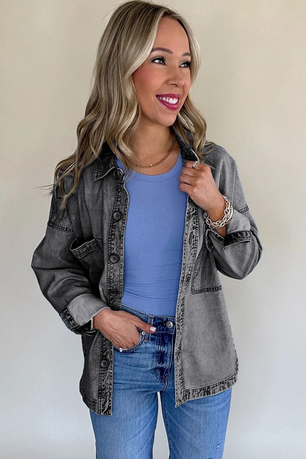 Medium Grey Mineral Wash Patched Pocket Split Denim Jacket sold by Beagle Boutique product image thumbnail 3