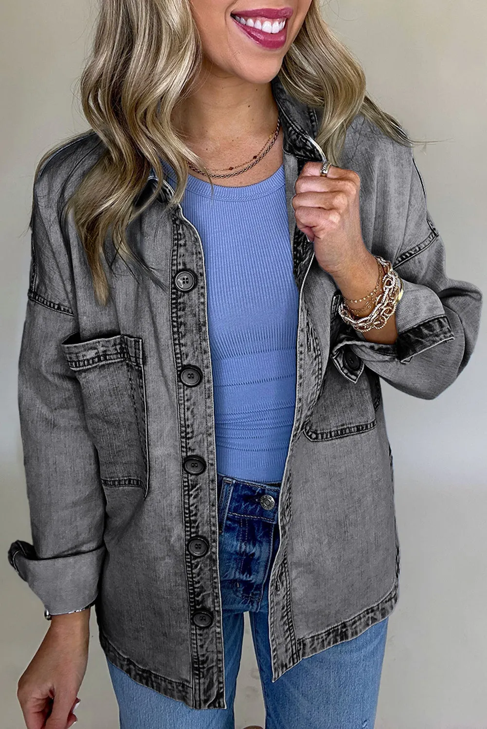 Medium Grey Mineral Wash Patched Pocket Split Denim Jacket sold by Beagle Boutique