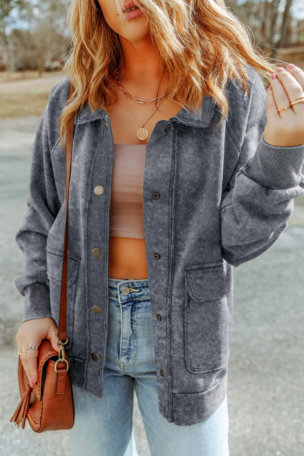 Grey Vintage Washed Flap Pocket Button Shacket sold by Beagle Boutique