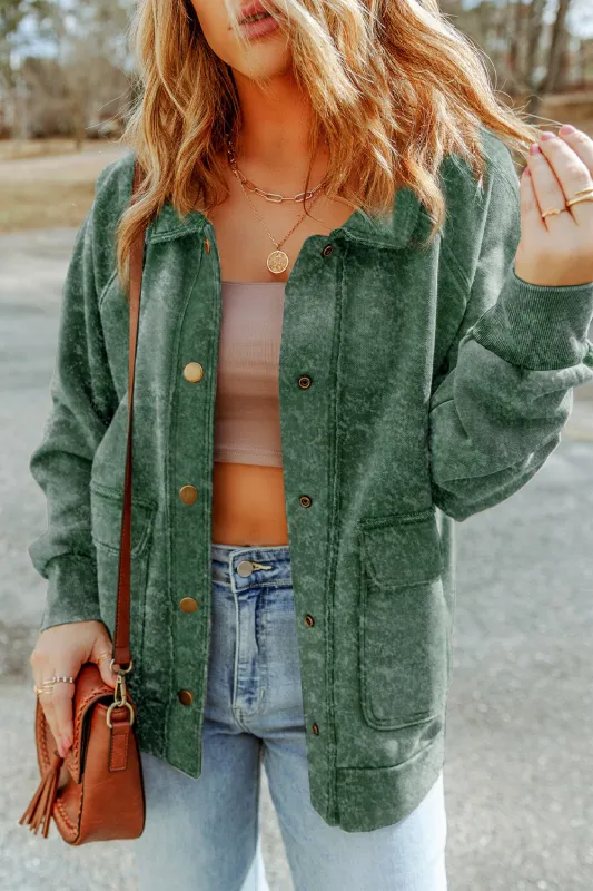 Green Vintage Washed Flap Pocket Button Shacket sold by Beagle Boutique