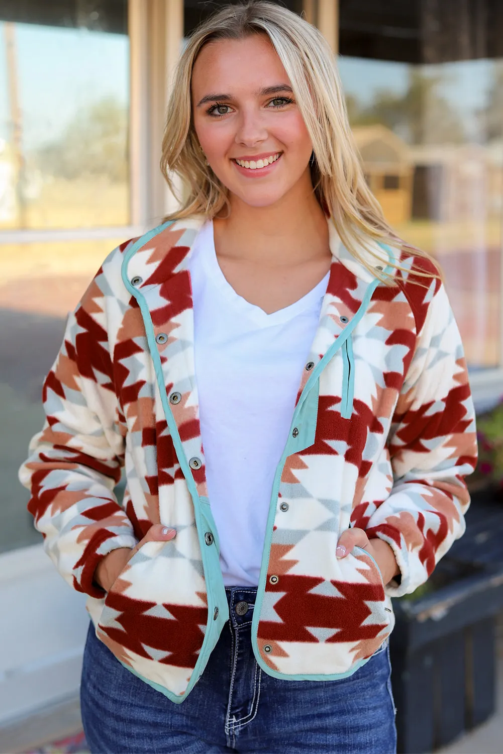 Fiery Red Western Aztec Buttoned Zipper Pockets Fleece Jacket sold by Beagle Boutique product image thumbnail 5