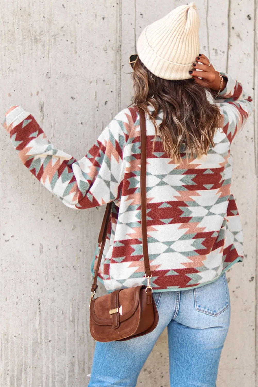 Fiery Red Western Aztec Buttoned Zipper Pockets Fleece Jacket sold by Beagle Boutique product image thumbnail 2