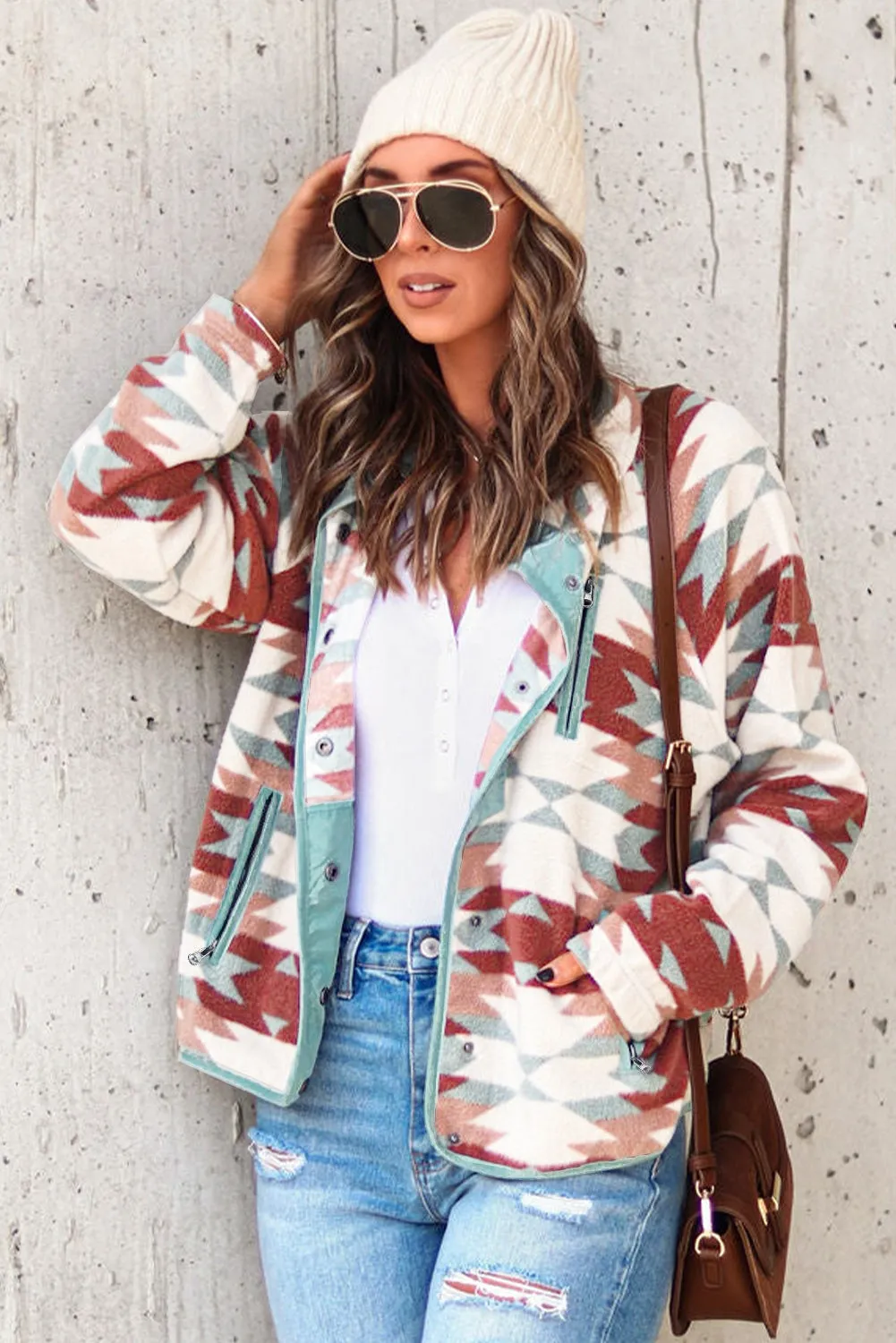 Fiery Red Western Aztec Buttoned Zipper Pockets Fleece Jacket sold by Beagle Boutique product image thumbnail 4