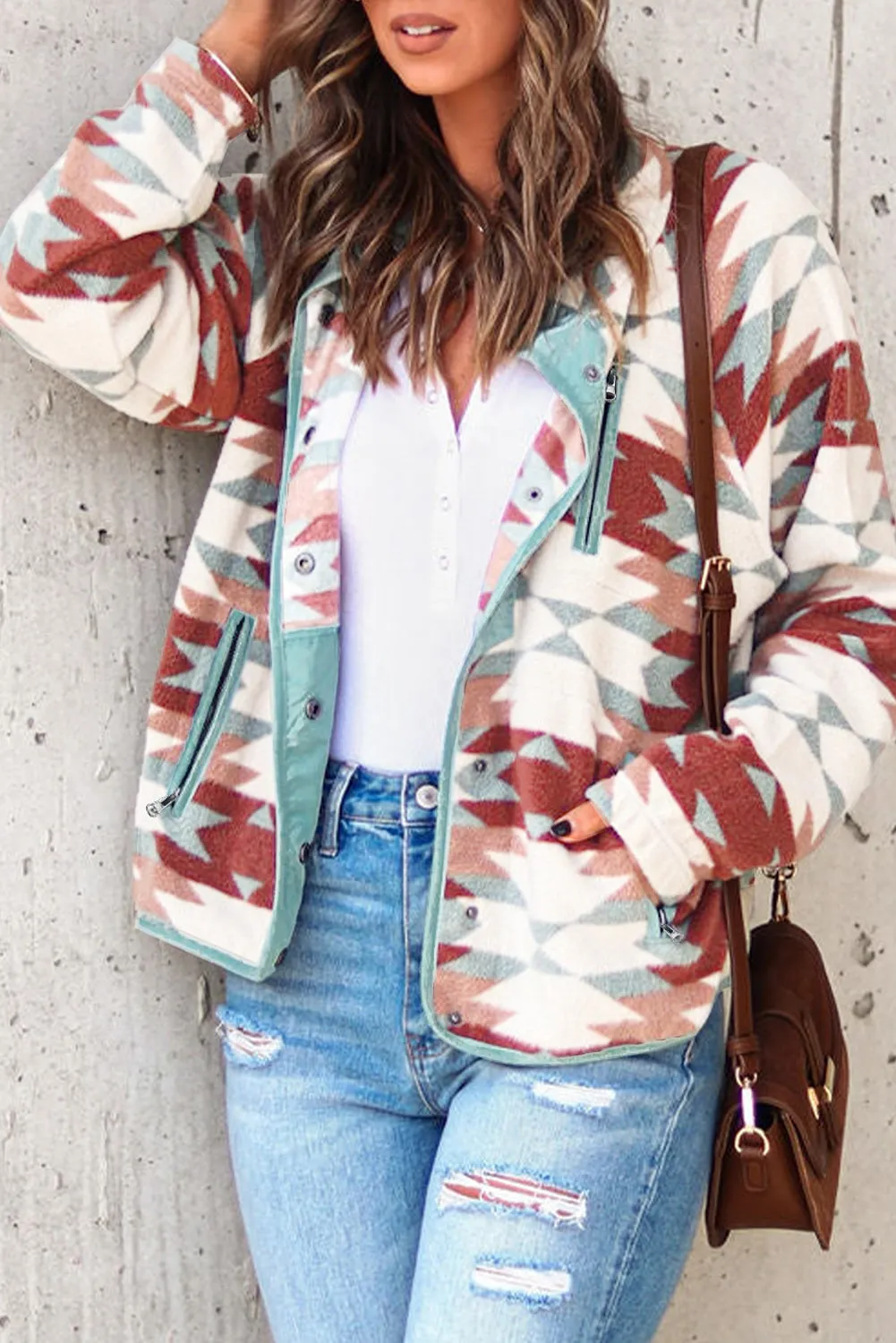 Fiery Red Western Aztec Buttoned Zipper Pockets Fleece Jacket sold by Beagle Boutique
