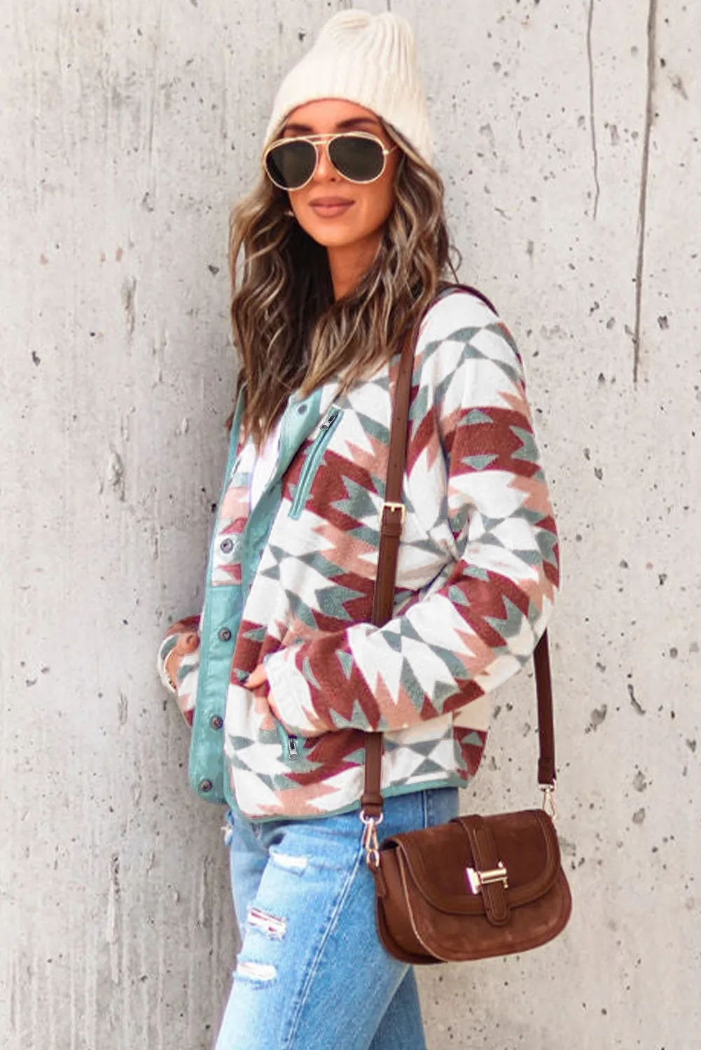 Fiery Red Western Aztec Buttoned Zipper Pockets Fleece Jacket sold by Beagle Boutique product image thumbnail 3