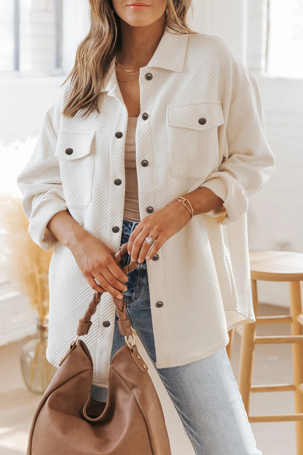 Solid Textured Flap Pocket Buttoned Shacket sold by Beagle Boutique