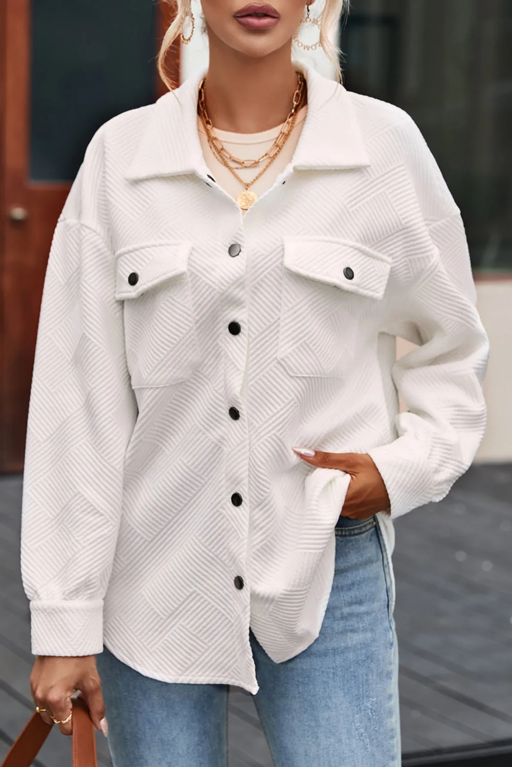 Solid Textured Flap Pocket Buttoned Shacket sold by Beagle Boutique product image thumbnail 5