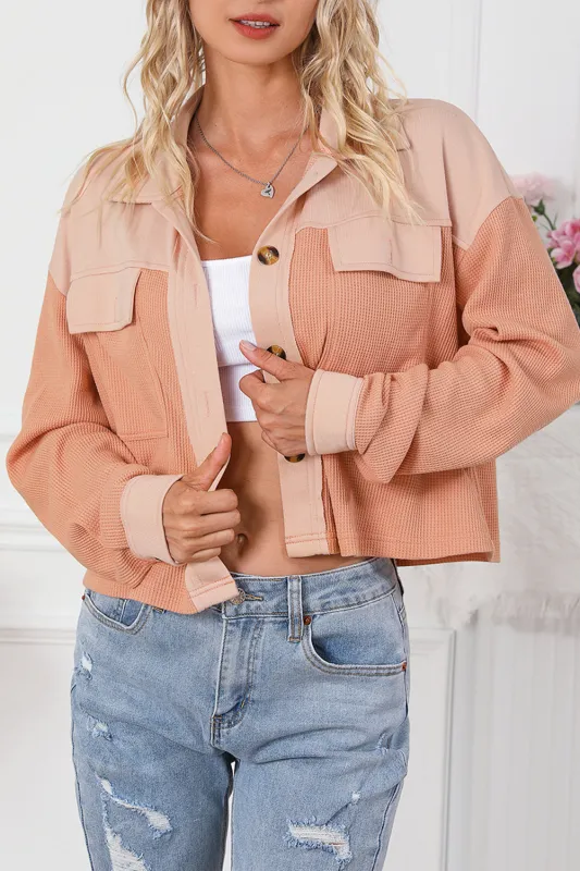 Orange Textured Waffle Knit Chest Pockets Cropped Shacket sold by Beagle Boutique