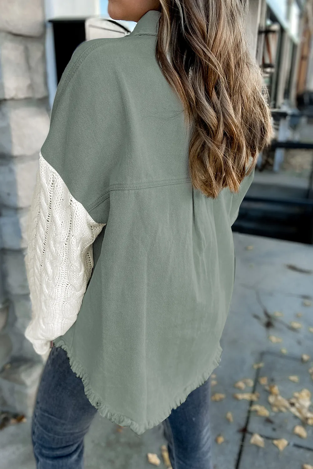 Green Cable Knit Sleeve Raw Hem Shacket sold by Beagle Boutique product image thumbnail 2
