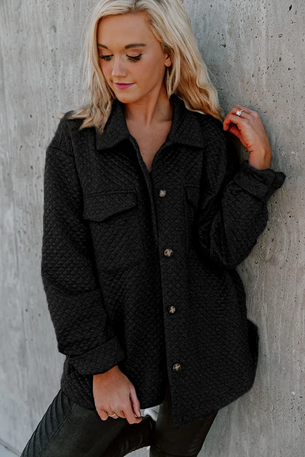 Black Retro Quilted Flap Pocket Button Shacket sold by Beagle Boutique product image thumbnail 5