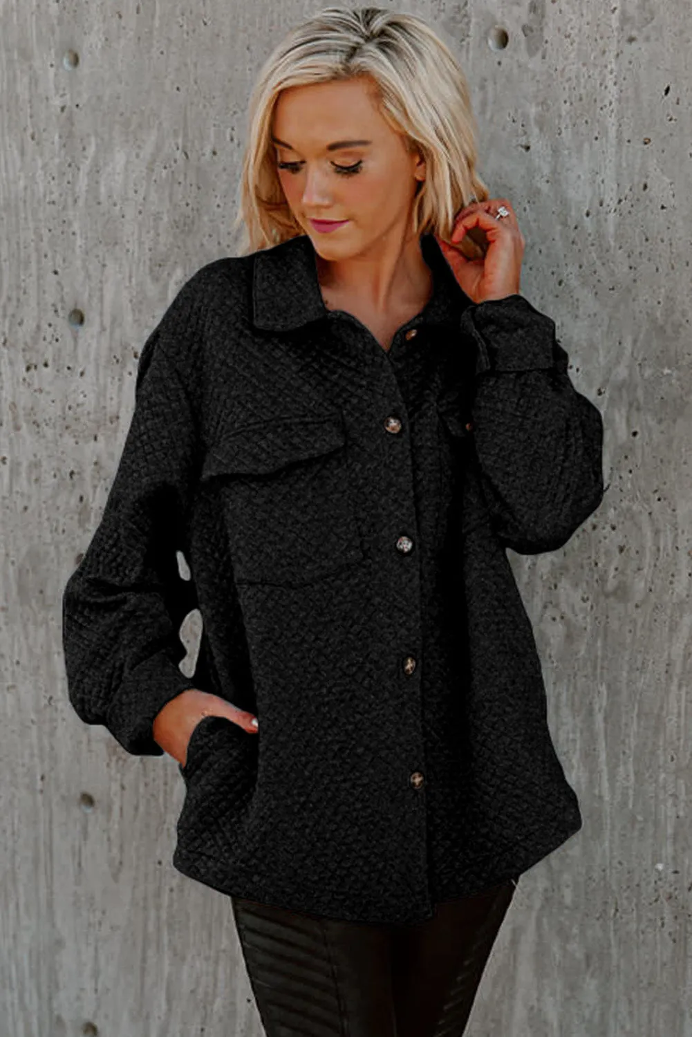 Black Retro Quilted Flap Pocket Button Shacket sold by Beagle Boutique product image thumbnail 4