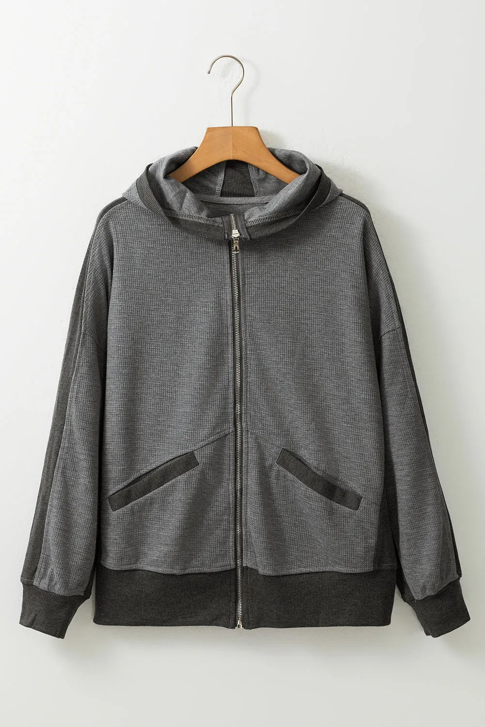 Grey Thermal Waffle Knit Full Zipper Hooded Jacket sold by Beagle Boutique product image thumbnail 5