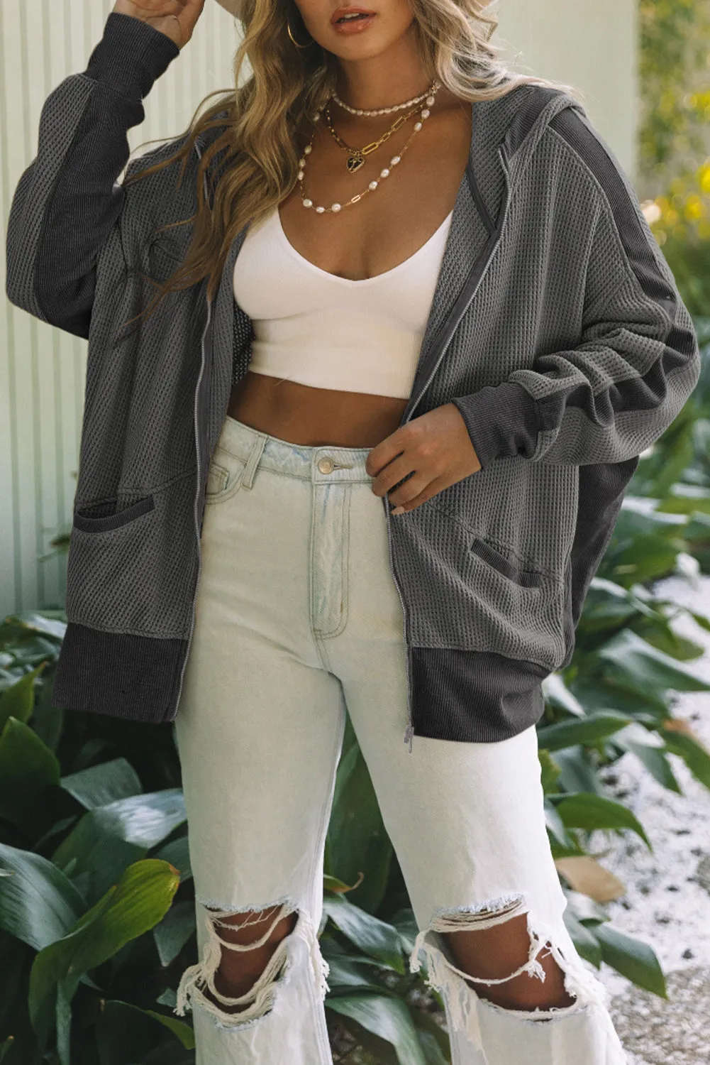 Grey Thermal Waffle Knit Full Zipper Hooded Jacket sold by Beagle Boutique