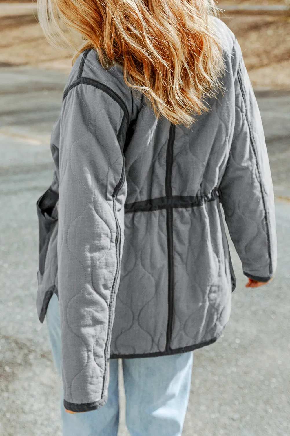 Grey Stitching Quilted Drawstring Jacket sold by Beagle Boutique product image thumbnail 2