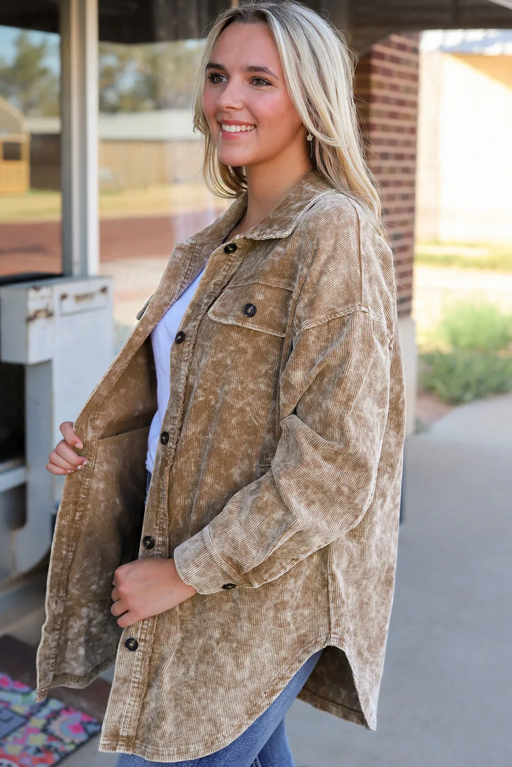 Khaki Vintage Distressed Mineral Wash Oversized Shacket sold by Beagle Boutique product image thumbnail 3