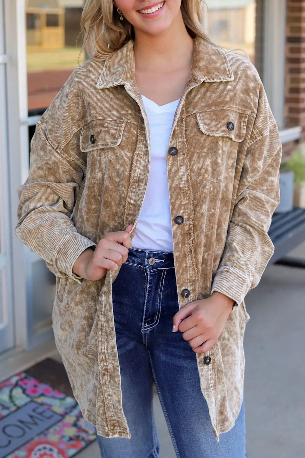 Khaki Vintage Distressed Mineral Wash Oversized Shacket sold by Beagle Boutique product image thumbnail 5