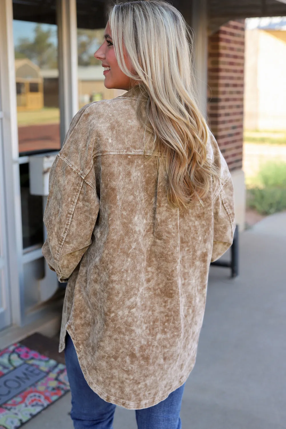 Khaki Vintage Distressed Mineral Wash Oversized Shacket sold by Beagle Boutique product image thumbnail 2