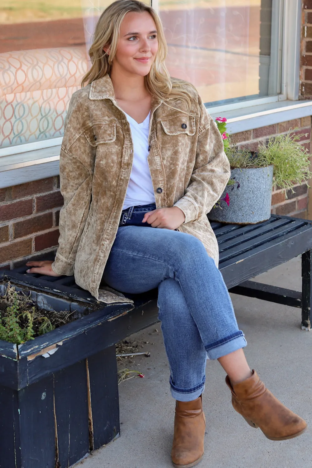 Khaki Vintage Distressed Mineral Wash Oversized Shacket sold by Beagle Boutique product image thumbnail 4