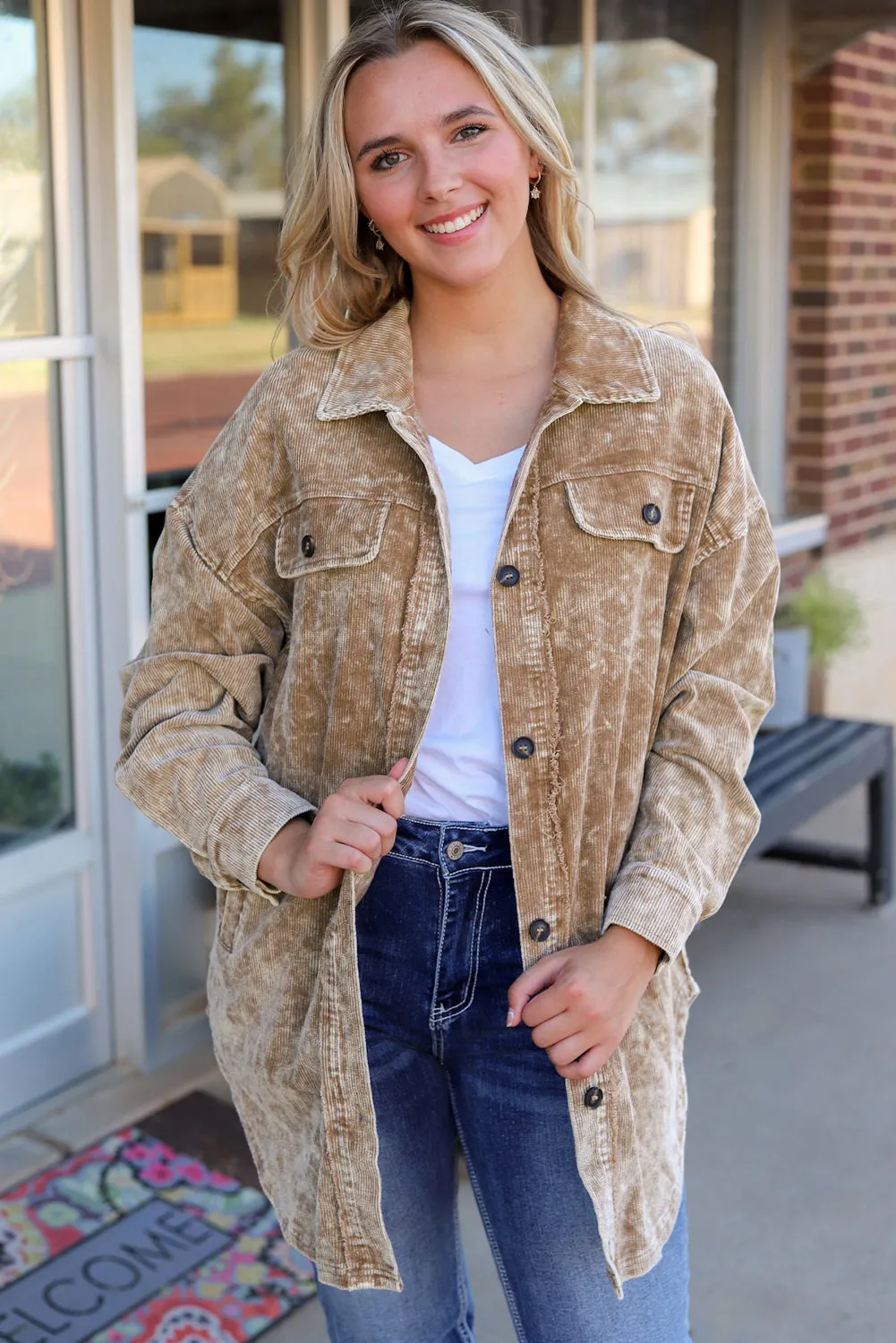Khaki Vintage Distressed Mineral Wash Oversized Shacket sold by Beagle Boutique