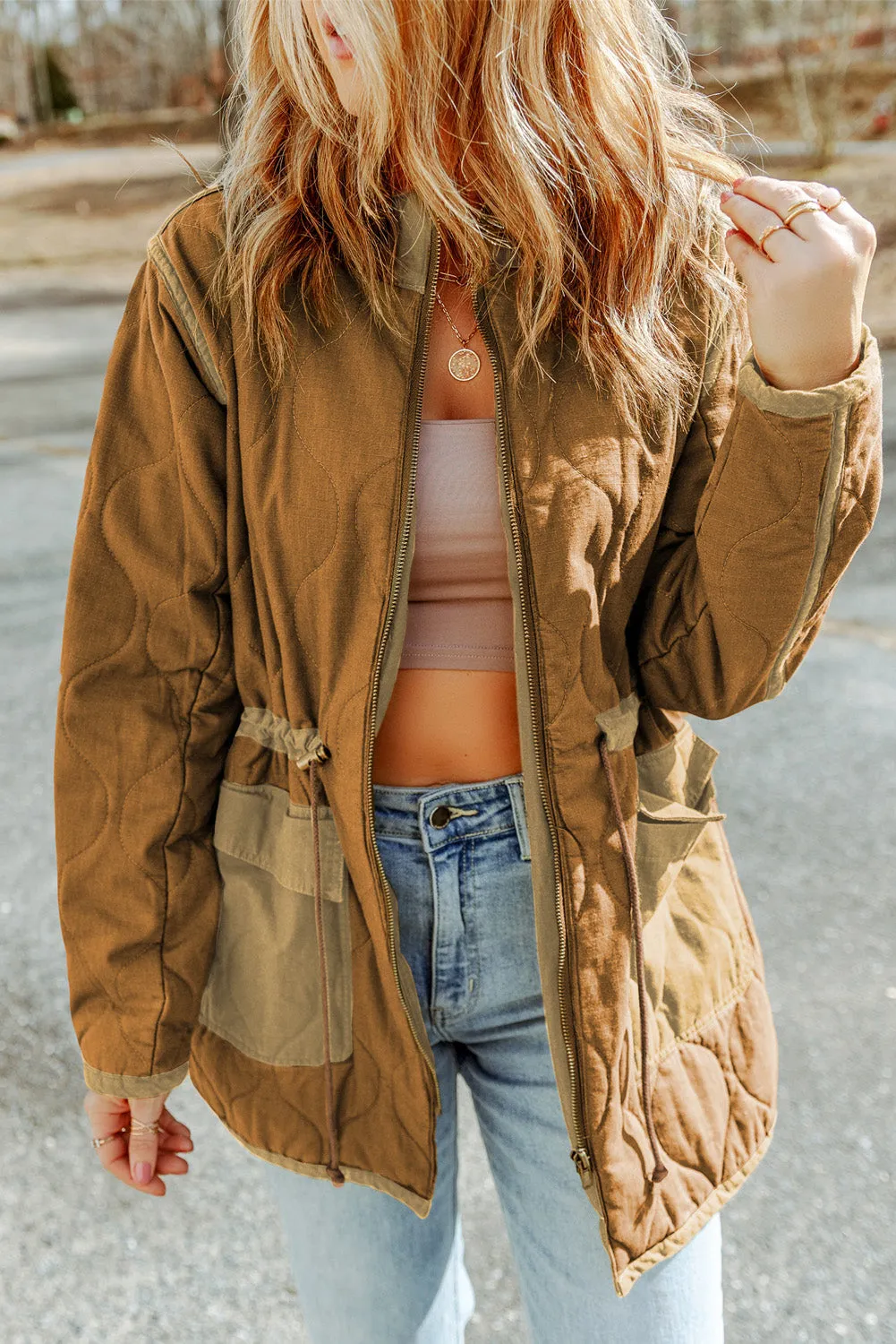 Brown Stitching Quilted Drawstring Jacket sold by Beagle Boutique product image thumbnail 3