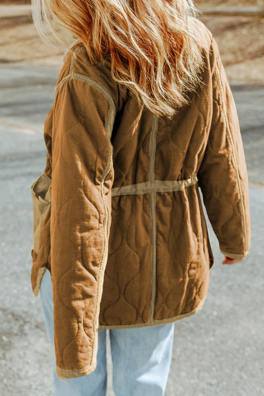 Brown Stitching Quilted Drawstring Jacket sold by Beagle Boutique product image thumbnail 2