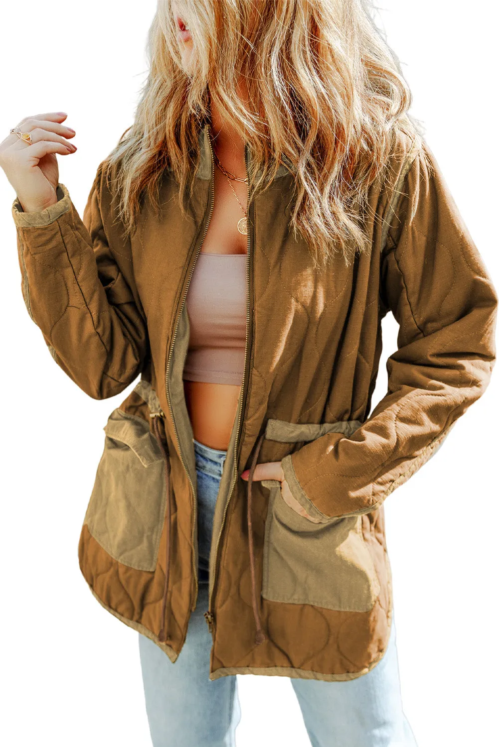 Brown Stitching Quilted Drawstring Jacket sold by Beagle Boutique product image thumbnail 4