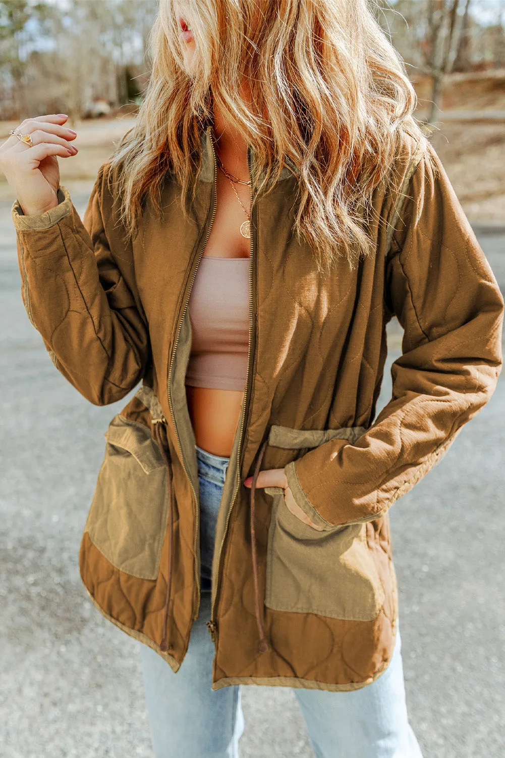 Brown Stitching Quilted Drawstring Jacket sold by Beagle Boutique
