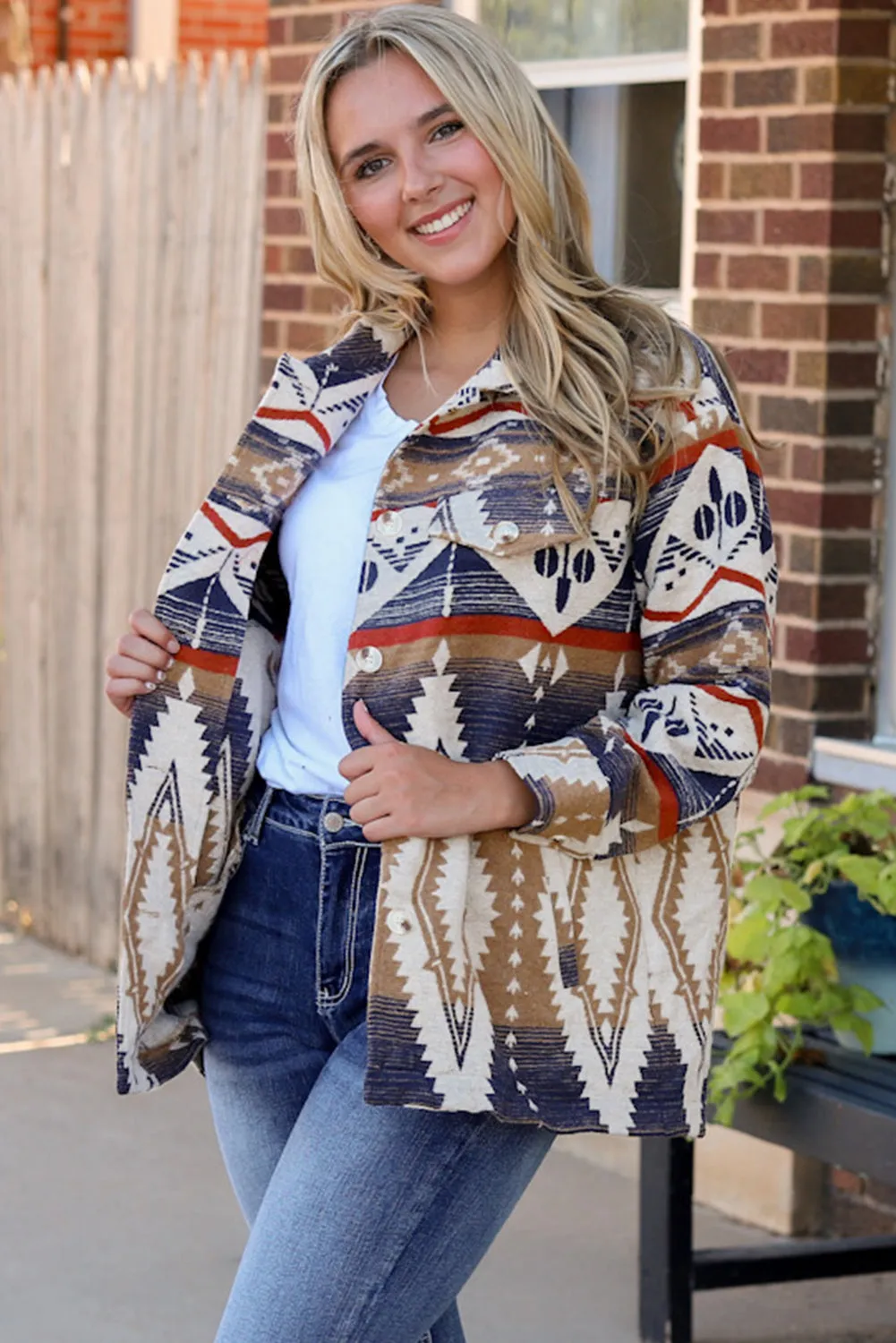Multicolour Aztec Print Button-Up Oversized Jacket sold by Beagle Boutique product image thumbnail 4