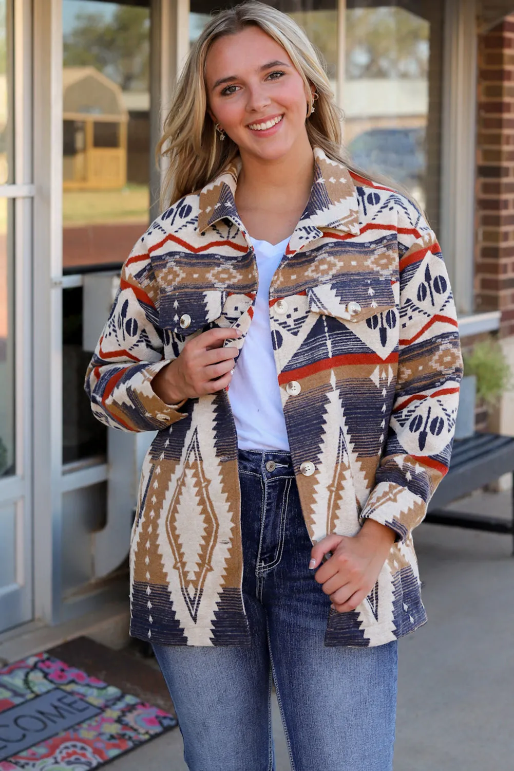 Multicolour Aztec Print Button-Up Oversized Jacket sold by Beagle Boutique
