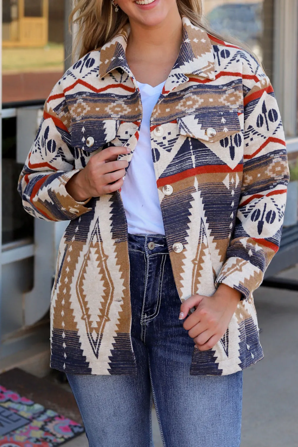 Multicolour Aztec Print Button-Up Oversized Jacket sold by Beagle Boutique product image thumbnail 5
