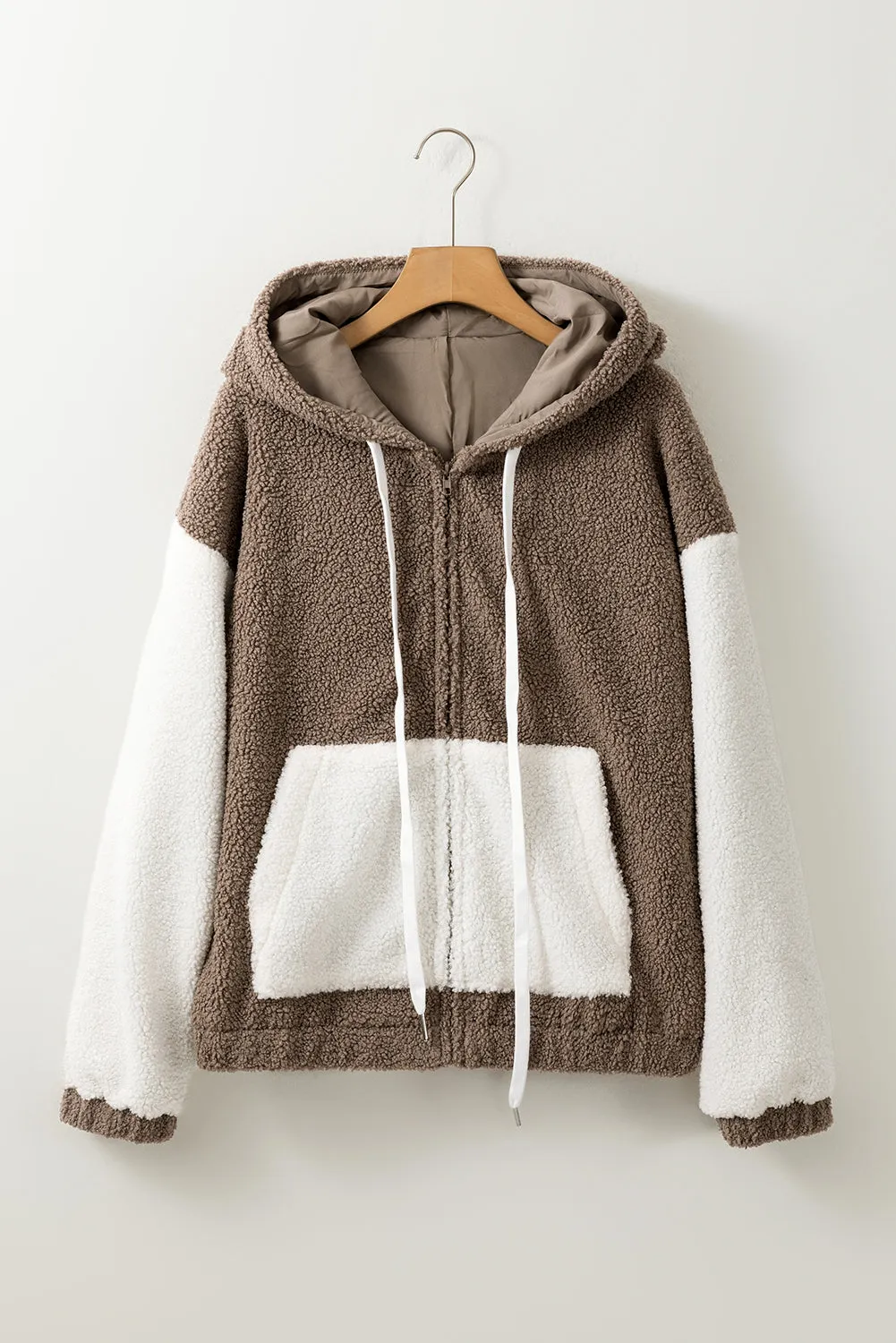 Brown Colourblock Hooded Zip-Up Pocketed Sherpa Jacket sold by Beagle Boutique product image thumbnail 5