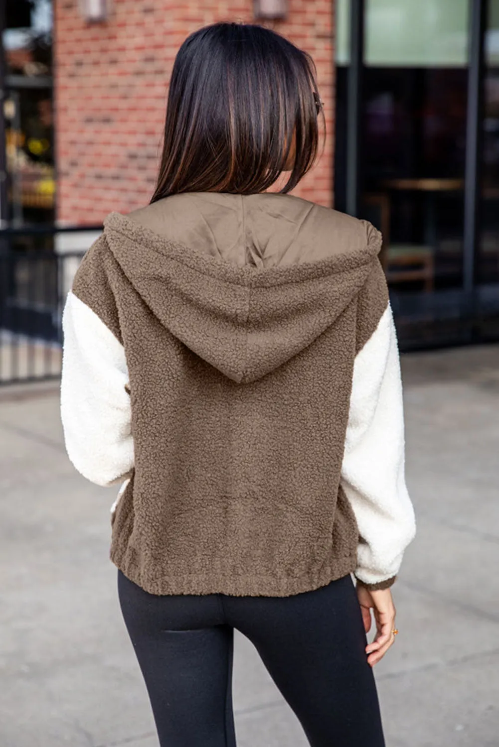 Brown Colourblock Hooded Zip-Up Pocketed Sherpa Jacket sold by Beagle Boutique product image thumbnail 2