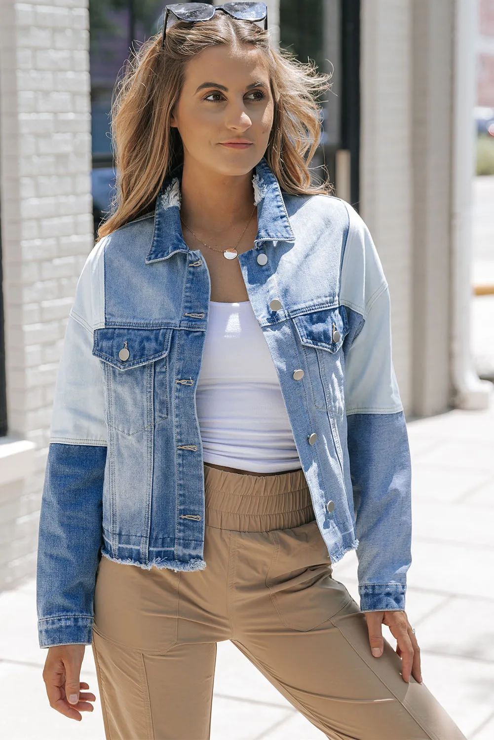 Sky Blue Colour Block Denim Patchwork Frayed Hem Jacket sold by Beagle Boutique