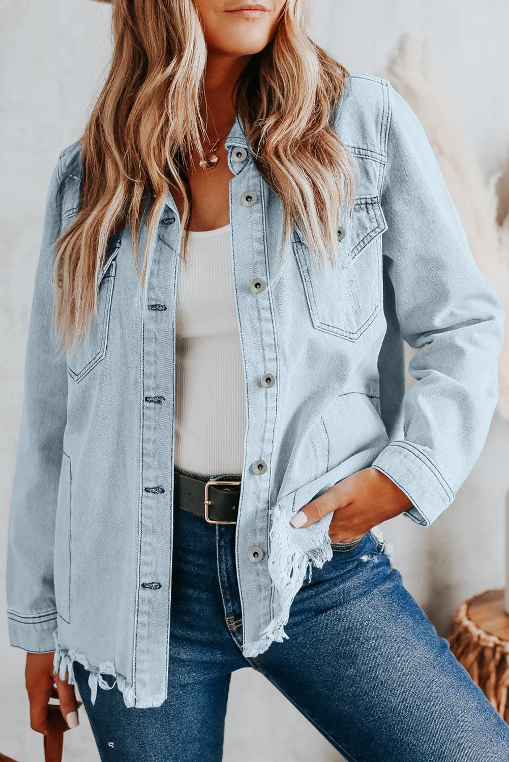 Sky Blue Flap Pocket Buttoned Raw Hem Denim Jacket sold by Beagle Boutique product image thumbnail 5