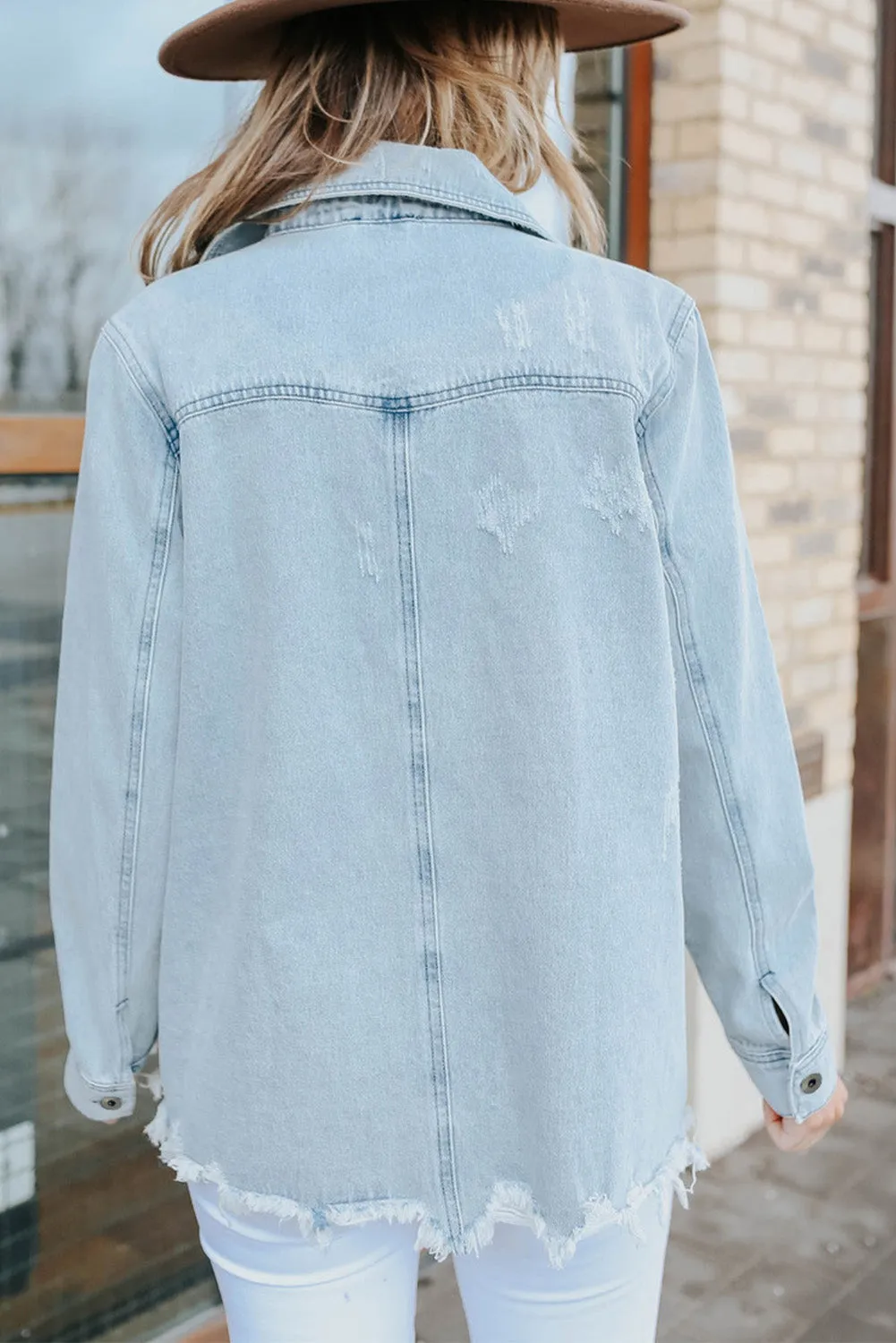 Sky Blue Flap Pocket Buttoned Raw Hem Denim Jacket sold by Beagle Boutique product image thumbnail 2