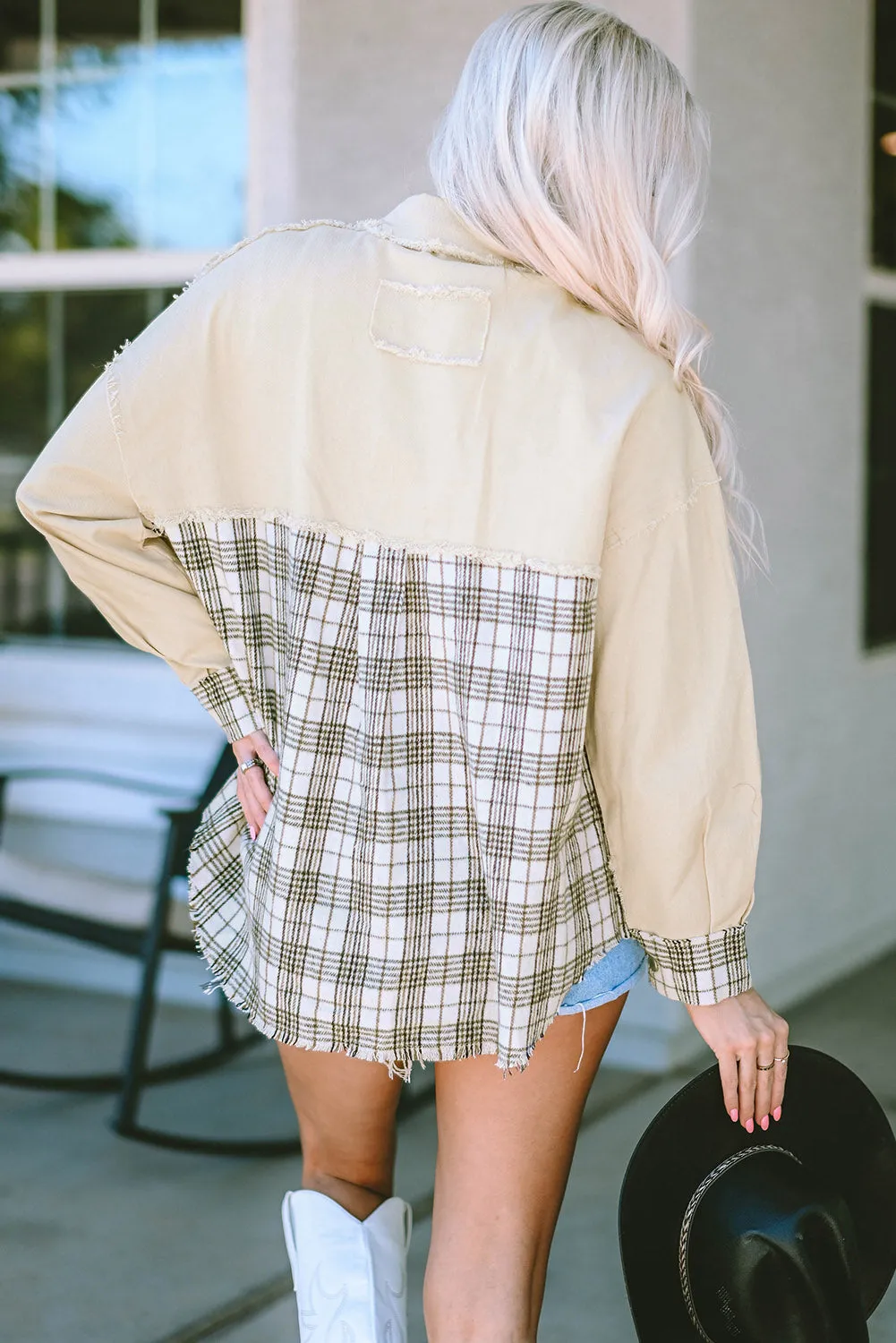 Khaki Distressed Raw Edge Plaid Patchwork Denim Jacket sold by Beagle Boutique product image thumbnail 2