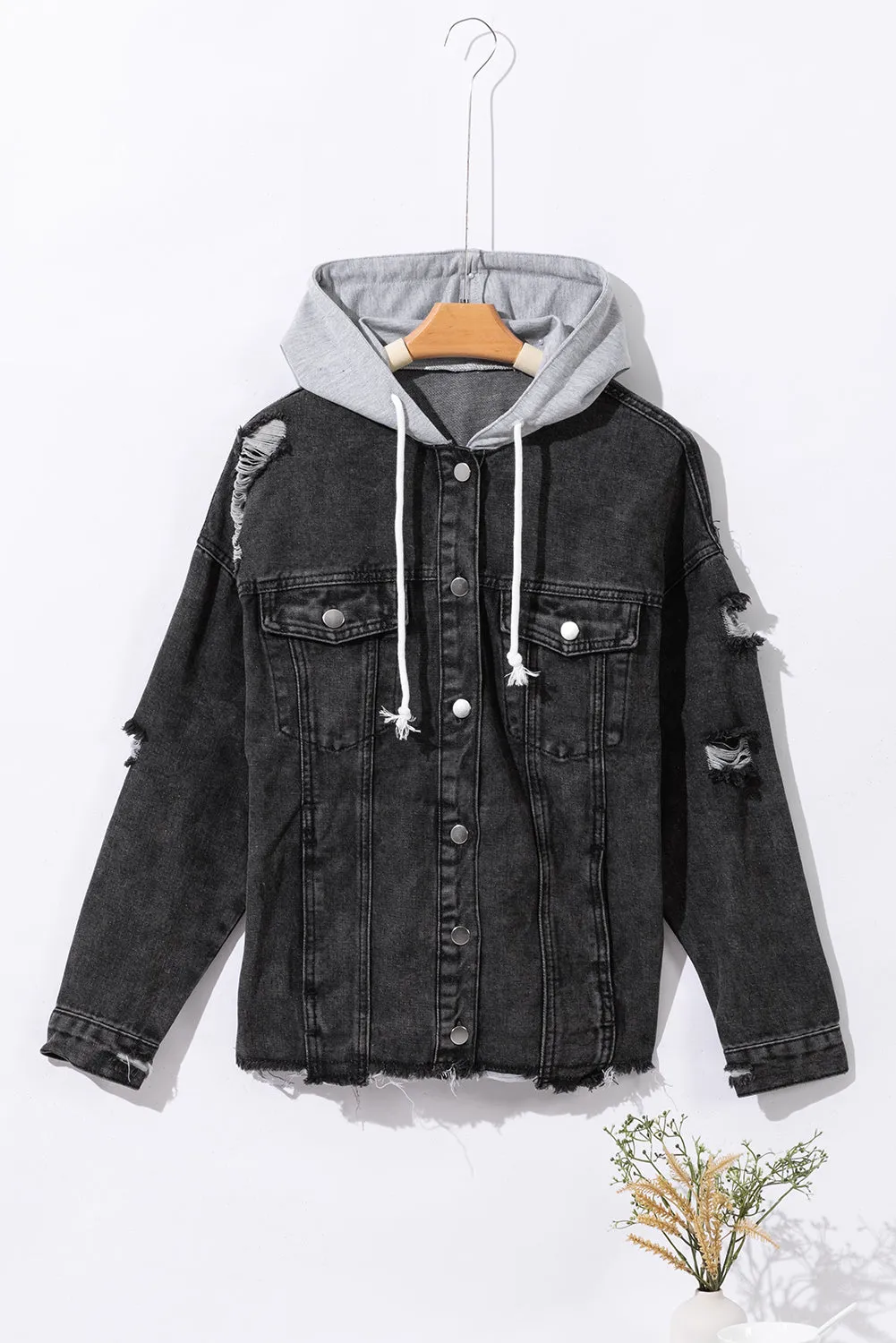 Black Drawstring Hooded Frayed Denim Jacket sold by Beagle Boutique product image thumbnail 5